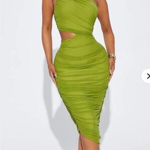 Fashion Nova Lime Green One-Shoulder Ruched Cutout Midi Dress